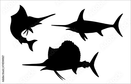 Silhouette of swordfish. Vector drawing with fish. Template to cut out.	