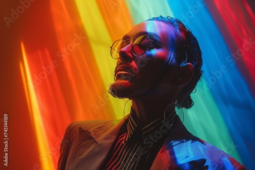 Beautiful drag king, woman dressed up as a man in a suit on a rainbow background, , celebrating diversity, performance, and gender expression, with a lot of negative space  photo