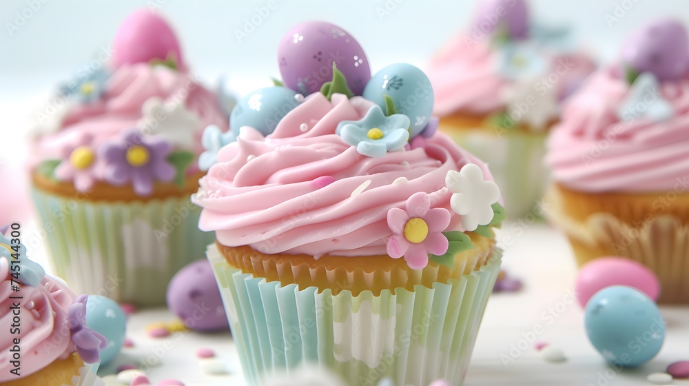 Close-up image capturing the intricate details of Easter cupcakes with themed toppers, set against a pristine white background
