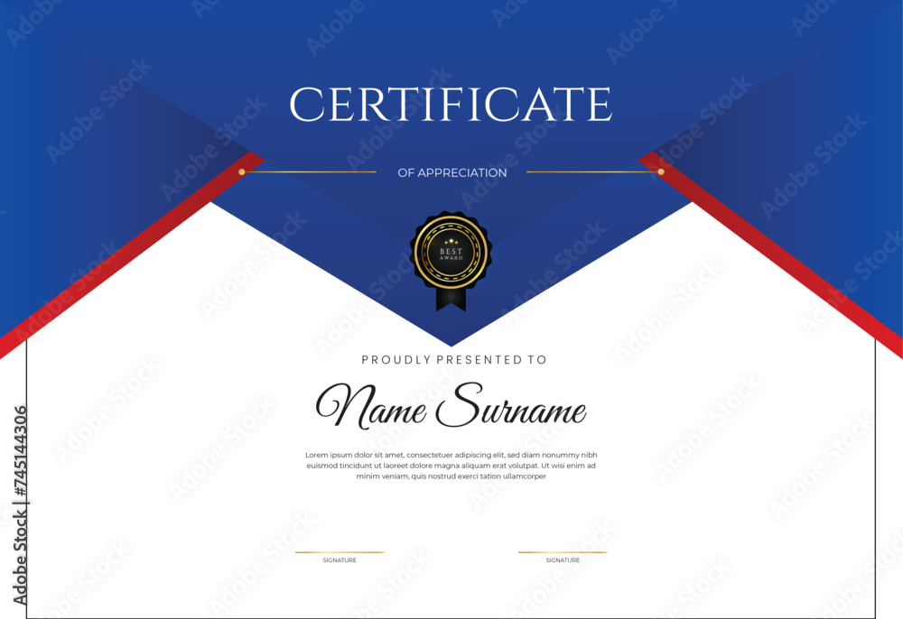 Vector red and blue certificate of appreciation Stock Vector | Adobe Stock