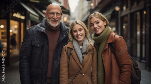 a 50 year old bald man with gray beard / a father with his two blond daughters in autumn, spring or winter clothes. Jackets, scarfs photo