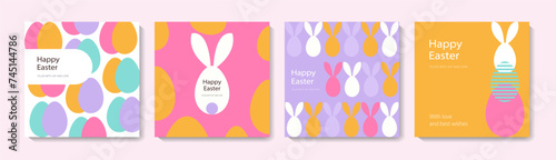 Set of Happy Easter cards in modern minimalistic style with geometric shapes, eggs. Trendy editable vector template for greeting card, poster, banner, invitation, social media post.	