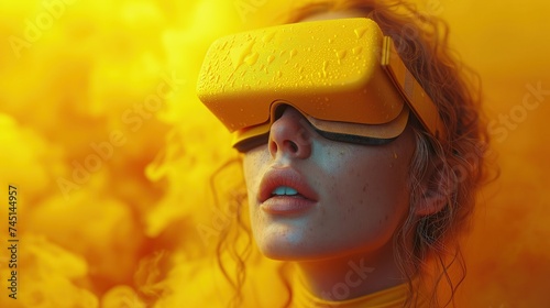 Kobieta w żółtym słuchawce wirtualnej rzeczywistości