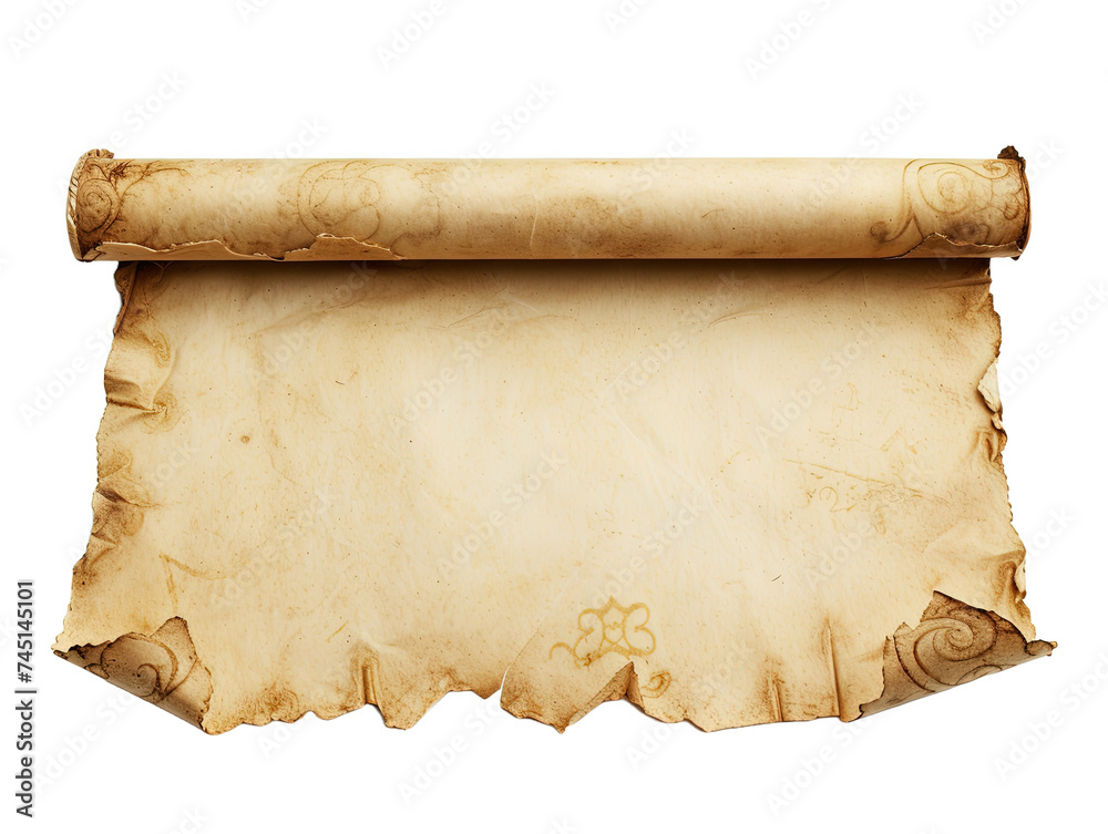 Old mediaeval paper sheet parchment scroll isolated on white or transparent background