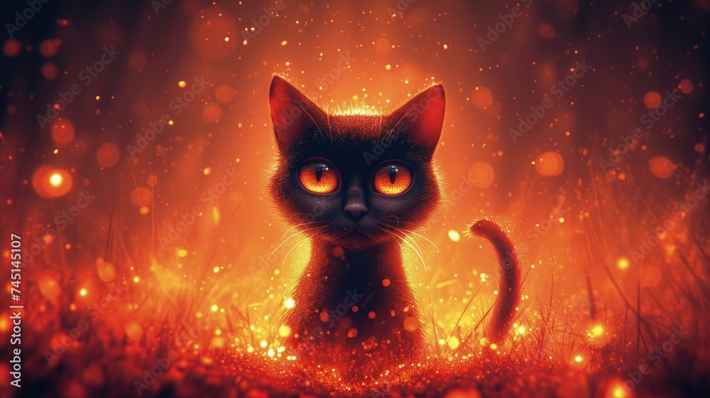 Czarny kot siedzi na środku pola w bajkowym pomarańczowym świetle - obrazy, fototapety, plakaty 