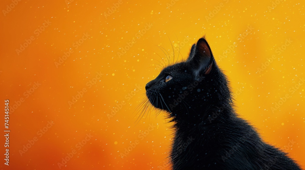 Czarny kot przed pomarańczowym tłem - obrazy, fototapety, plakaty 