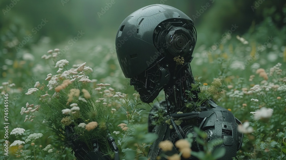 Czarny robot zachwyca się roślinnością w wysokim dzikim polu białych kwiatów - obrazy, fototapety, plakaty 