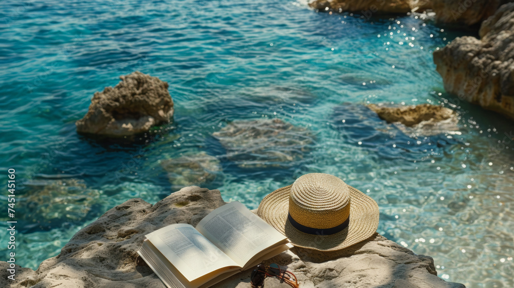 Summer Reading Haven by Crystal-Clear Waters with Straw Hat, A tranquil reading spot by the sea with a book, straw hat, and sunglasses