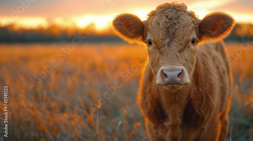 Brązowa krowa stojąca na polu wysokiej trawy #745145125
