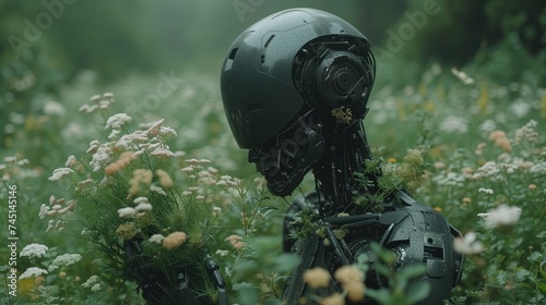 Czarny robot zachwyca się roślinnością w wysokim dzikim polu białych kwiatów