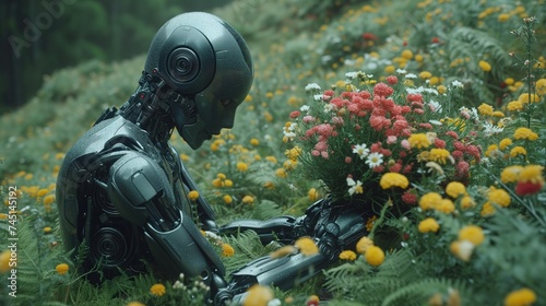 Czarny android zbiera kwiaty na polu natury