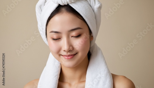 A Japanese woman is sitting enjoying the warm, calm atmosphere. Wrapped in a soft white towel, her head is decorated with a fluffy turban, and her face radiates a peaceful radiance.  