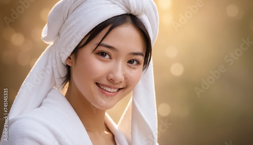 A Japanese woman enjoys a warm, calm atmosphere. Wrapped in a soft white towel, her head is decorated with a fluffy turban, and her face radiates a peaceful radiance.