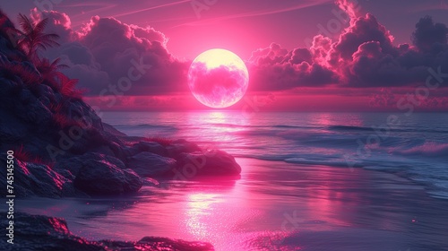 Obraz zachód słońca nad oceanem z abstrakcyjnym różowym zachodem słońca #745145500