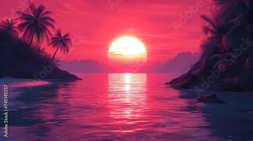 Obraz zachodu słońca nad oceanem z palmami