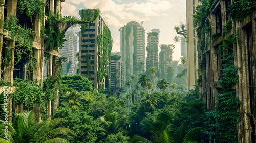 Desolate post-apocalyptic city, jungle reclaims dilapidated abandoned urban buildings overrun by lush greenery