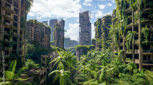 Desolate post-apocalyptic city, jungle reclaims dilapidated abandoned urban buildings overrun by lush greenery photo