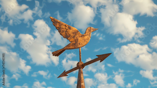 a weathervane with a wooden bird in a blue sky