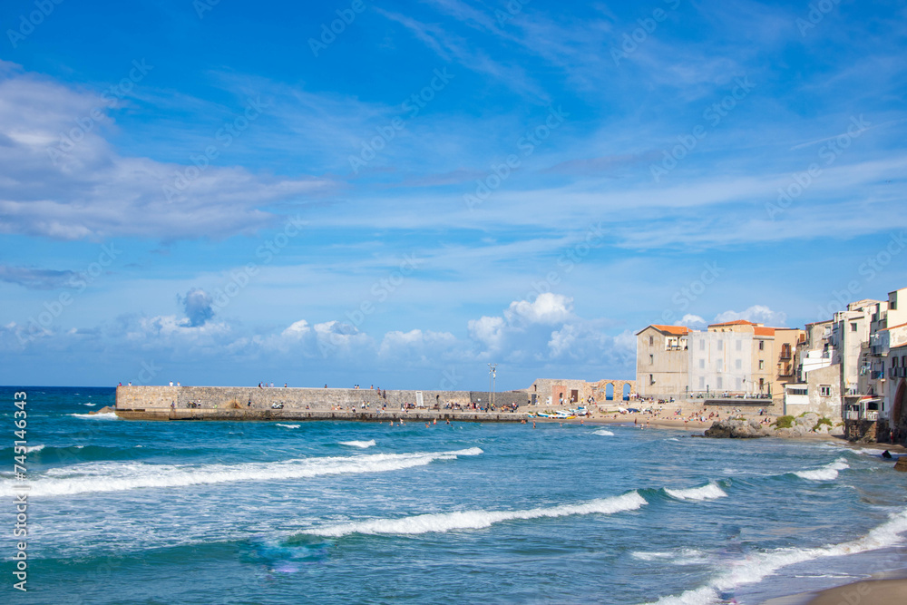 Landscape of coastline and town of Cefalu