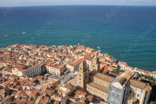Landscape of Cefalu from the rock and the ruins of castle
