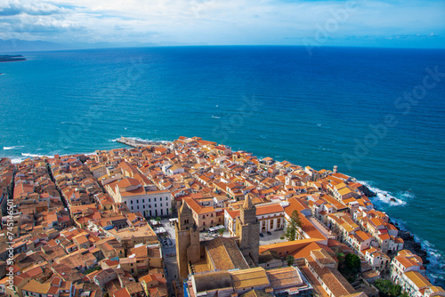 Landscape of Cefalu from the rock and the ruins of castle