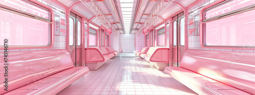 Train. White and baby pink tiled metro interior car seat metro interior, in the style of photo-realistic landscapes, drawing machines, double lines, opaque resin panels, kombuchapunk, ad posters.