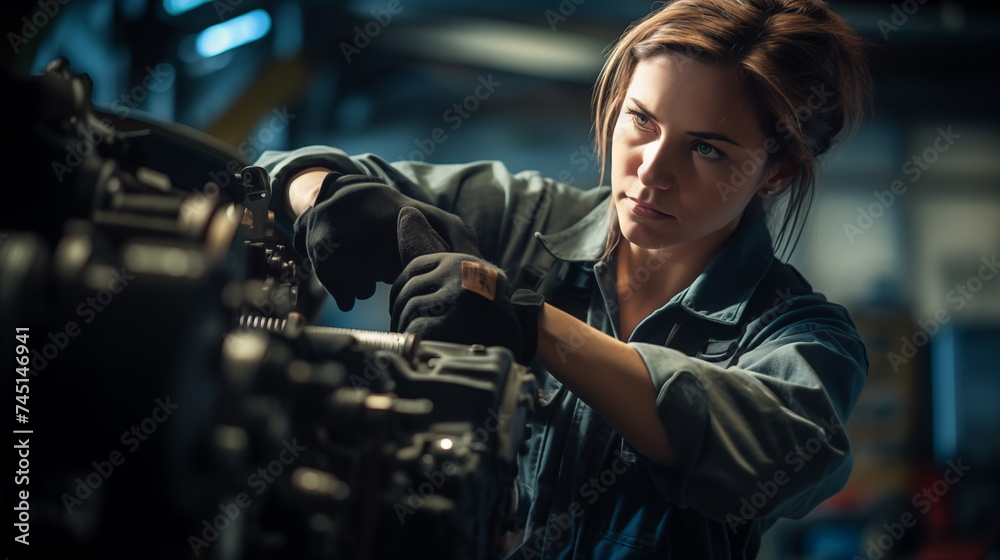 White european woman working as an auto mechanic, close up portrait, confident
