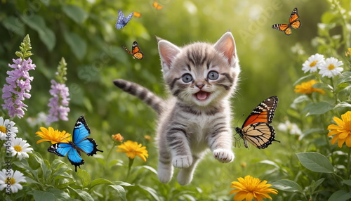 A playful striped kitten with striking blue eyes jumps joyfully, reaching for a delicate butterfly in the middle of a bright and colorful garden.