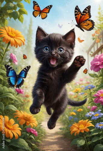 A playful black ginger kitten with striking blue eyes jumps joyfully, reaching for a delicate butterfly in the middle of a bright and colorful garden.