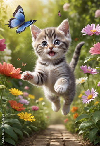 A playful striped kitten with striking blue eyes jumps joyfully, reaching for a delicate butterfly in the middle of a bright and colorful garden.
