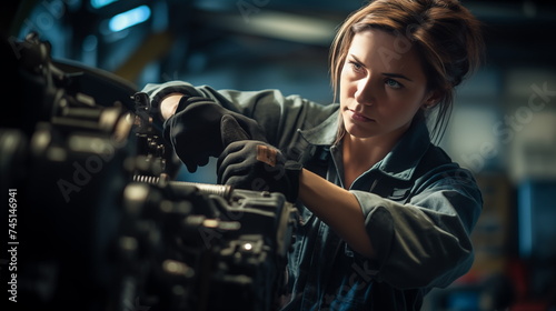 White european woman working as an auto mechanic  close up portrait  confident