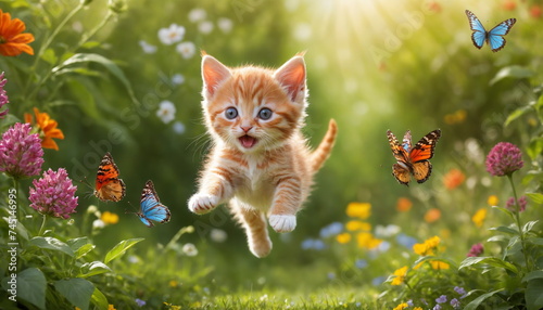 A playful striped red kitten with striking blue eyes jumps joyfully, reaching for a delicate butterfly in the middle of a bright and colorful garden.