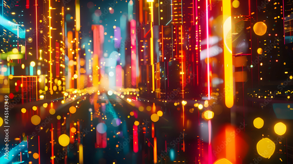 Fototapeta premium A mesmerizing abstract illustration of geometric shapes and structures bathed in colorful neon lights, casting vibrant reflections.