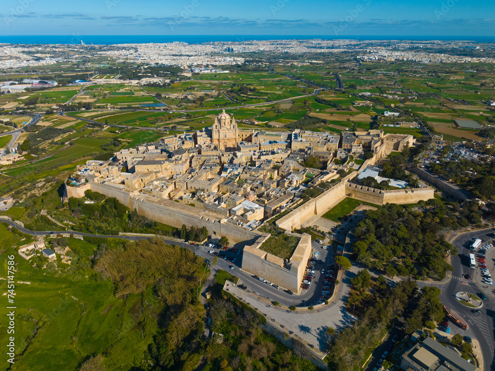 Mdina city, old capital of Malta island. Drone landscape view, winter