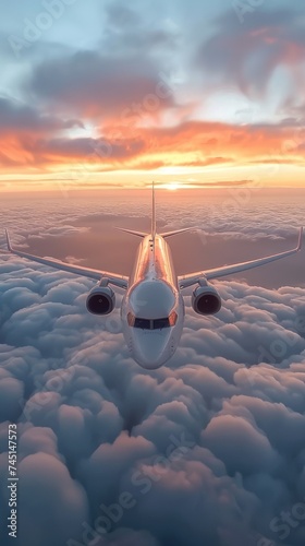 commercial airplane soaring high in the sky, symbolizing the epitome of modern transportation and aviation technology. With its sleek design and powerful engines