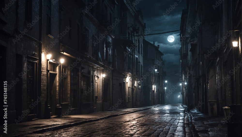 A dark narrow street in a moonlit anonymous city. AI generated illustration.