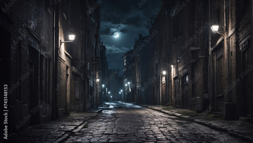 A dark narrow street in a moonlit anonymous city. AI generated illustration. - obrazy, fototapety, plakaty 