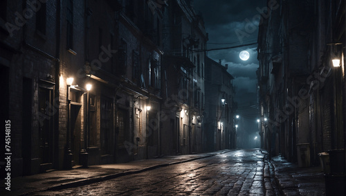 A dark narrow street in a moonlit anonymous city. AI generated illustration.