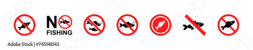 No fishing - forbidden signs. Set of no fishing icons. Stop, prohibited or ban fish.
