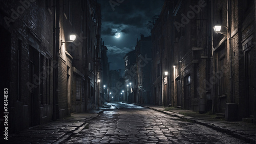 A dark narrow street in a moonlit anonymous city. AI generated illustration.