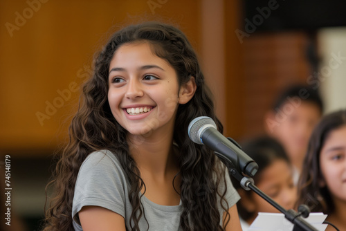 One young Hispanic girl smiling and speech to school audience: Radiant teenage girl with curly hair smiling at an event, speaking into a microphone, with a blurred audience in the background.