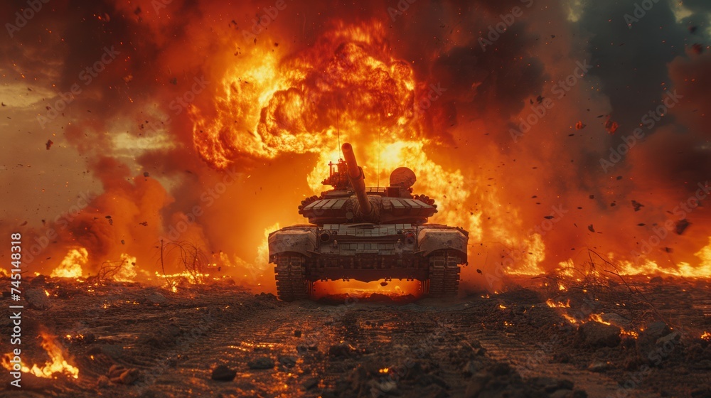An armoured tank shooting of a battle field in a war. Desktop wallpaper background. Bombs and explosions in the background. Fire smoke and ash everywhere An armoured tank shooting of a battle field in a war. Desktop wallpaper background. Bombs and explosions in the background. Fire smoke and ash everywhere