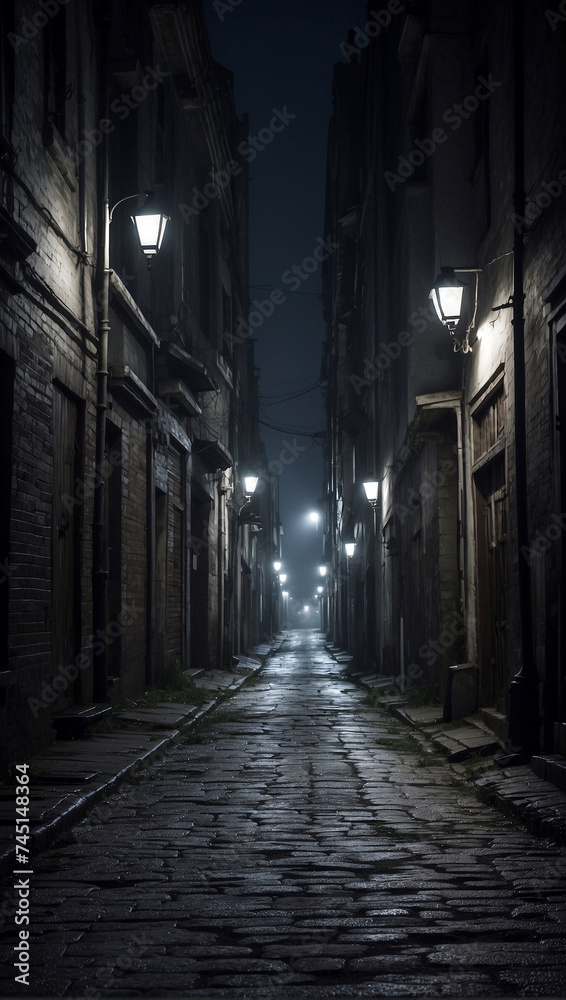 A dark narrow street in a moonlit anonymous city. AI generated illustration.