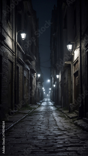 A dark narrow street in a moonlit anonymous city. AI generated illustration.