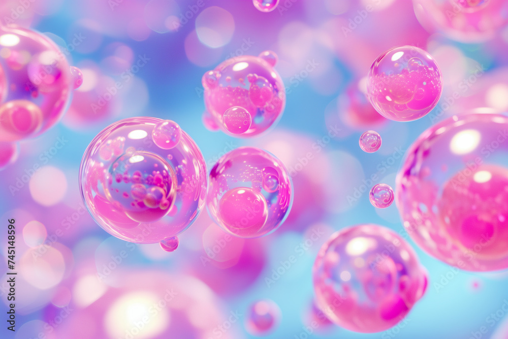 bubbles in the air, розовые пузыри на голубом фоне