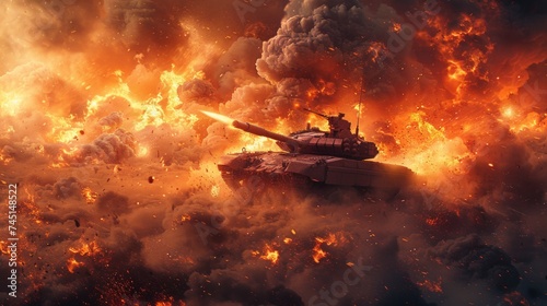 An armoured tank shooting of a battle field in a war. Desktop wallpaper background. Bombs and explosions in the background. Fire smoke and ash everywhere
