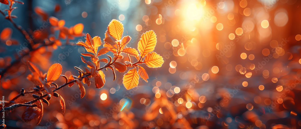 background with leaves in the backlight of the setting sun