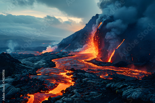 Close up of Volcano Eruption. Mountain Explodes with Flowing Magma. Fantasy Landscape