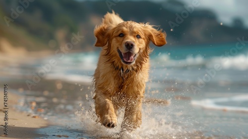 Wallpaper featuring photograph of a playful Golden Retriever running on a sandy beach, with its ears flapping in the wind and a big smile on its face
