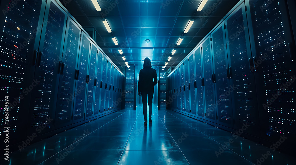 Big data center technology woman officer standing in warehouse, Information digitalization streaming through servers, Cloud computing, Web service Big data center technology woman officer standing in warehouse, Information digitalization streaming through servers, Cloud computing, Web service